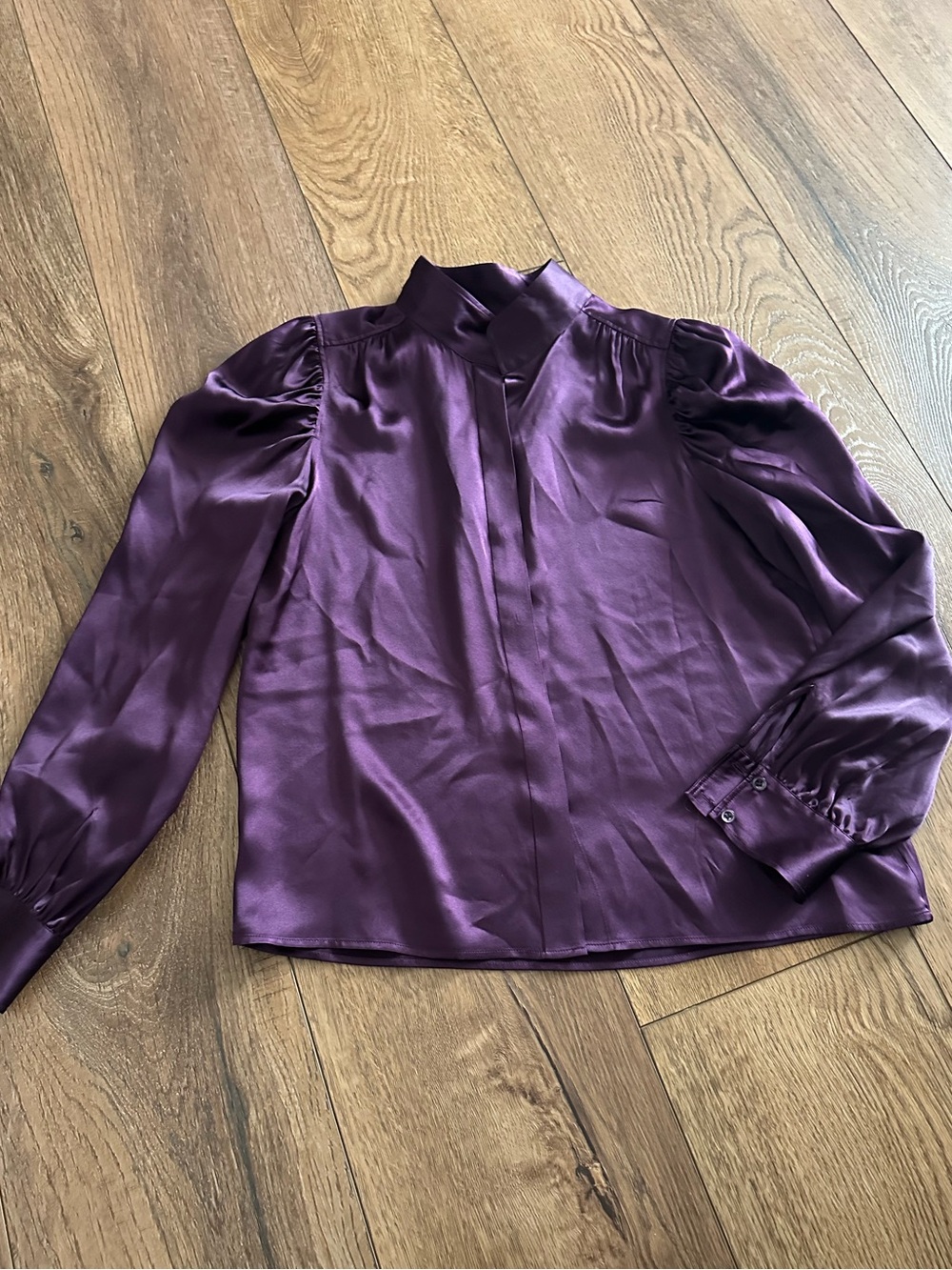 Frame Denim Satin Mock-Neck Blouse in Plum